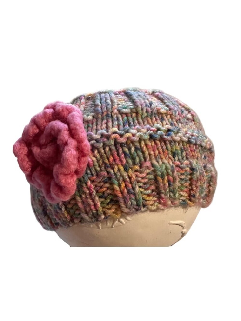 Handmade Multicolor Knit Ear Warmer With Pink Crochet Flower Accent